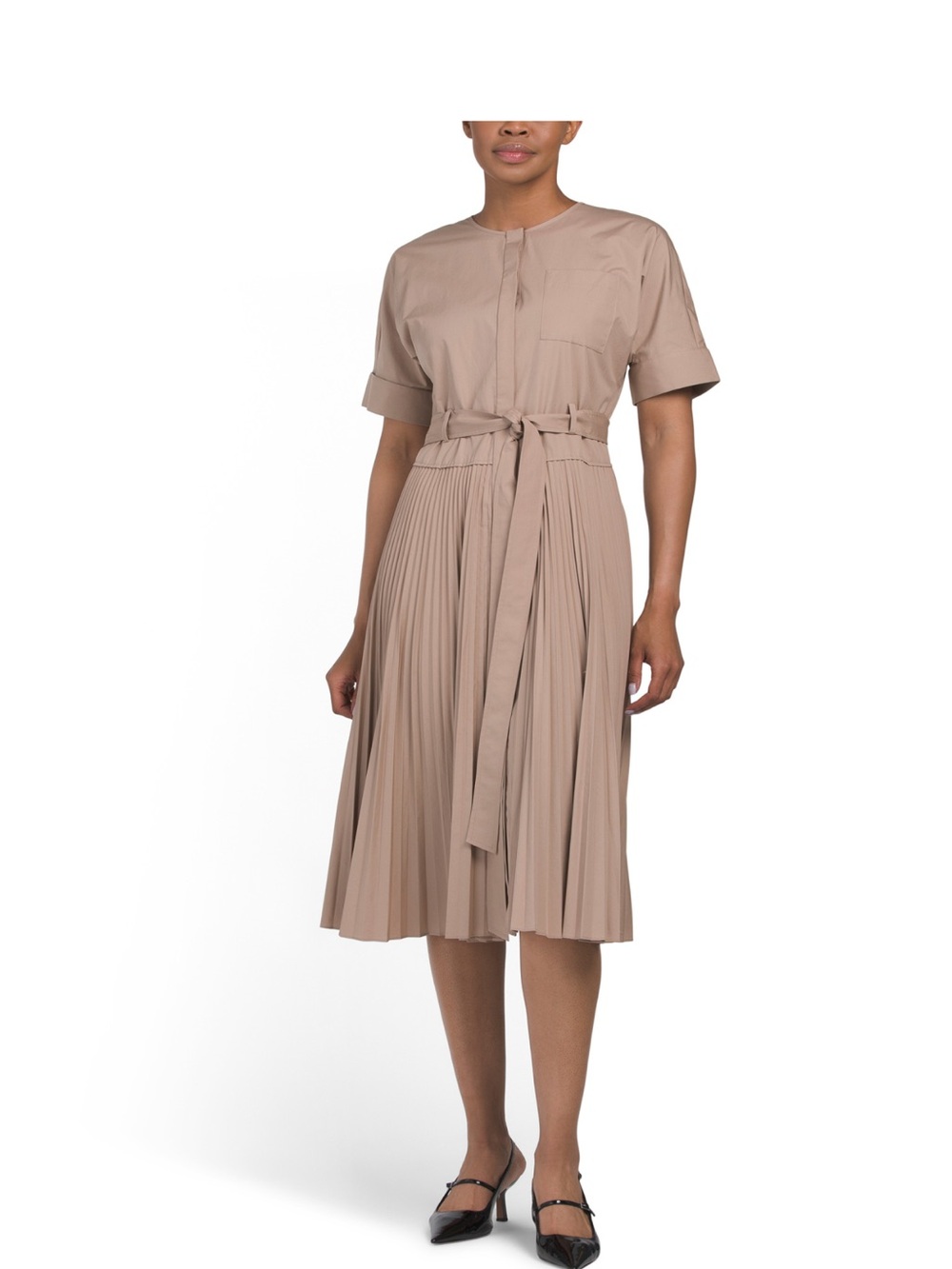 Kobi Halperin Taupe Pleated Short-Sleeve Midi Dress with Waist Tie